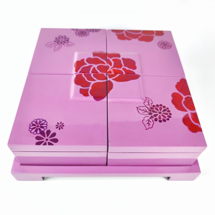  Set of 4 purple square boxes 12cm with convex lids and hand-painted flowers